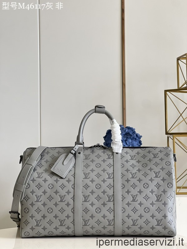 Louis Vuitton Classic Keepall 50b Tote Travel Bag In Anthracite Grey Monogram Shadow หนังลูกวัว M46117 50x29x23cm