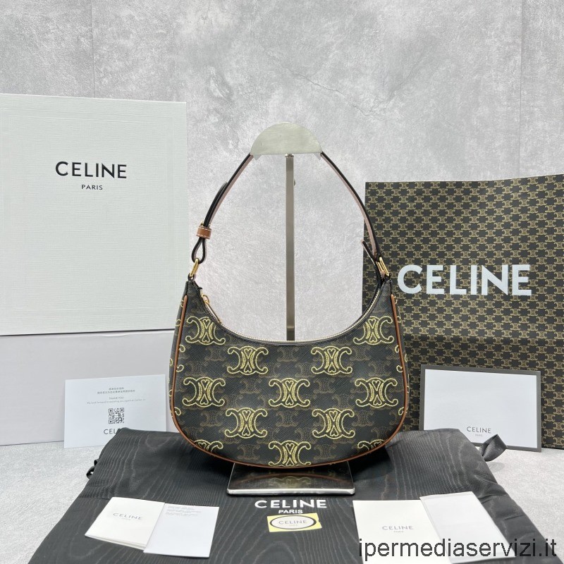 Celine Ava กระเป๋าสะพายไหล่จำลองในผ้าใบสีน้ำตาล Triomphe 193952 25x14x7cm