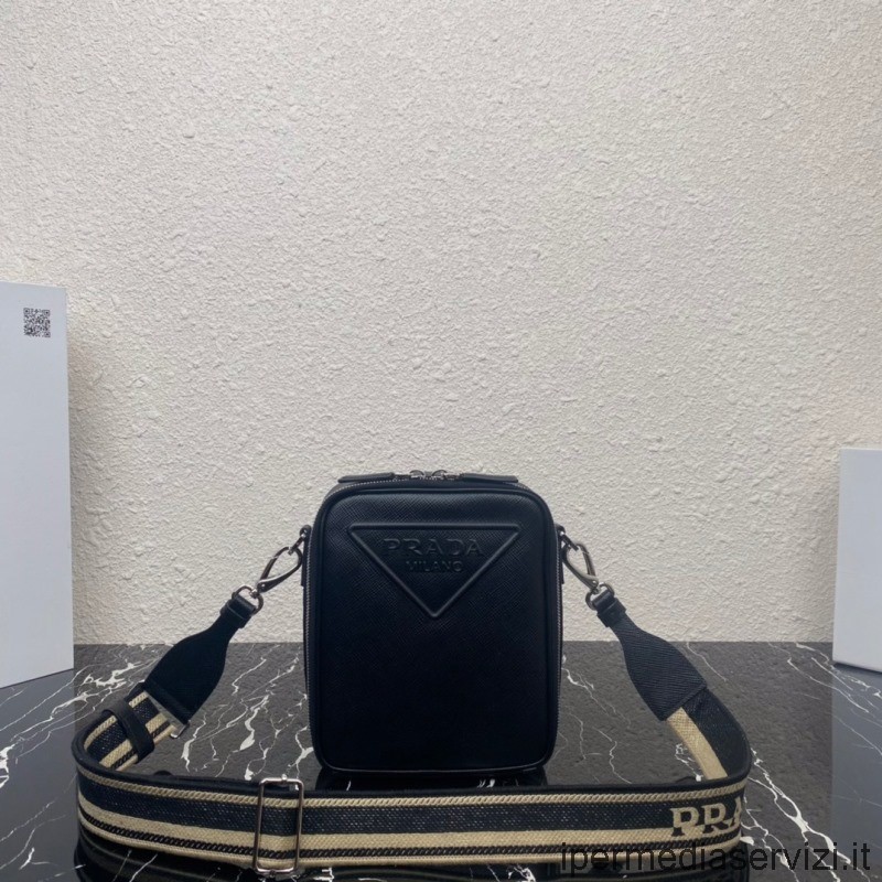 กระเป๋าสะพายหนัง Prada Saffiano จำลองที่มีเงาสีดำ 2vh154 19x16x5cm