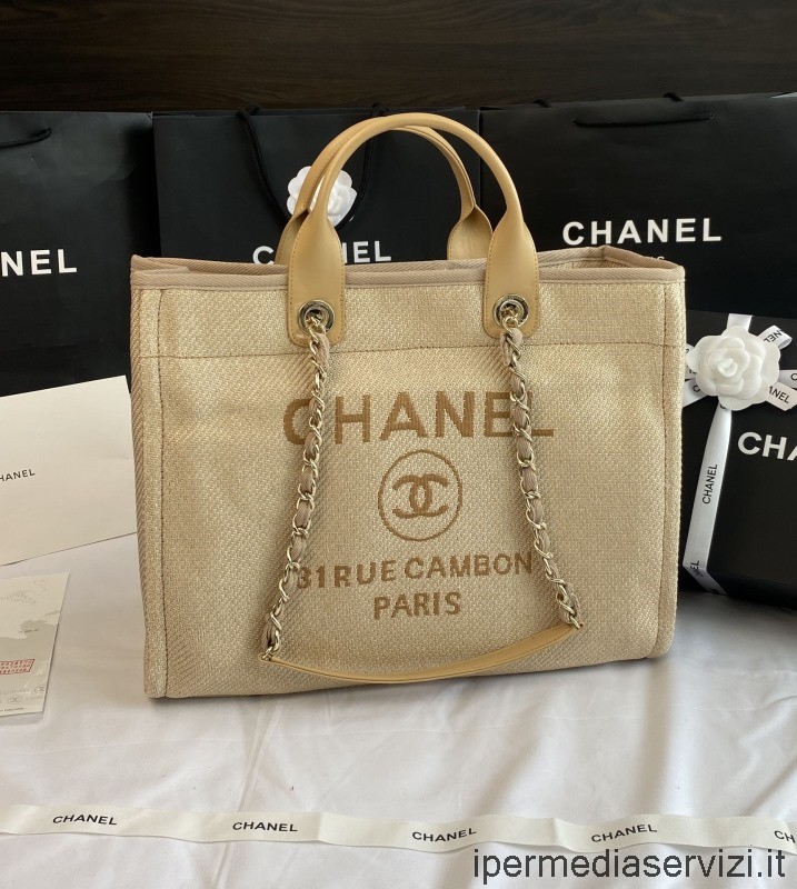Chanel กระเป๋าสะพายไหล่ช้อปปิ้งโซ่โดวิลล์ขนาดใหญ่สีเบจ A66941 38x32x18cm