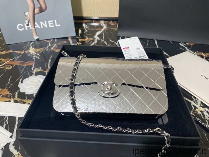 Chanel 2022 Super Mini Flap Night Bag In Silver ตอกหมุดโลหะ As3013 18x6x10cm