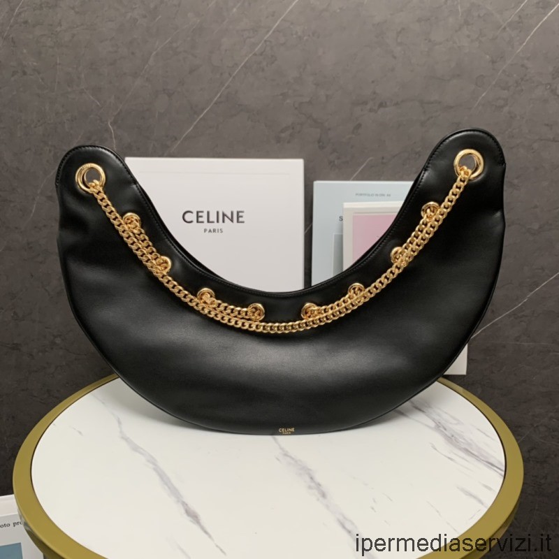 Celine Celine กระเป๋าสะพายโซ่ Ava ขนาดใหญ่ในหนังลูกวัวเรียบสีดำ 198993 33x34x8cm