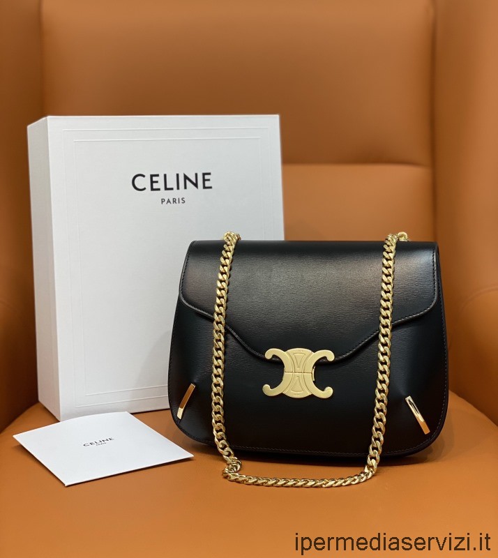 Celine Chain กระเป๋าสะพายไหล่ Besace Triomphe สีดำเงา 199273 24x17x4cm