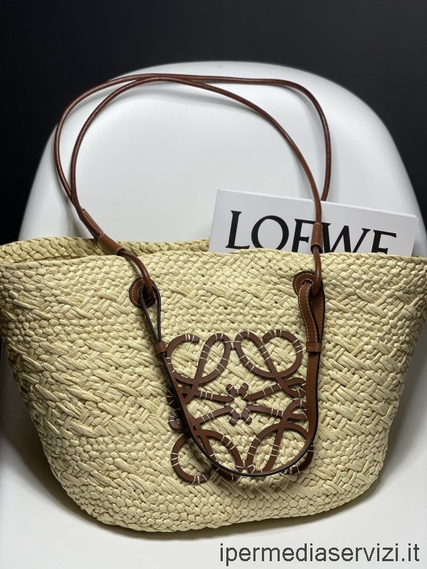 Replica Loewe Large Anagram Basket Shoulder Top Handle BAG สีน้ำตาลธรรมชาติปาล์มและหนังลูกวัว 46x27x30 ซม