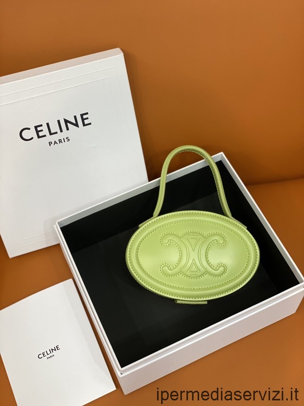 Celine รูปไข่ Minaudiere Cuir Triomphe Top Handle Bag In Yellow Green Smooth Calfskin 198613 14x10x5cm