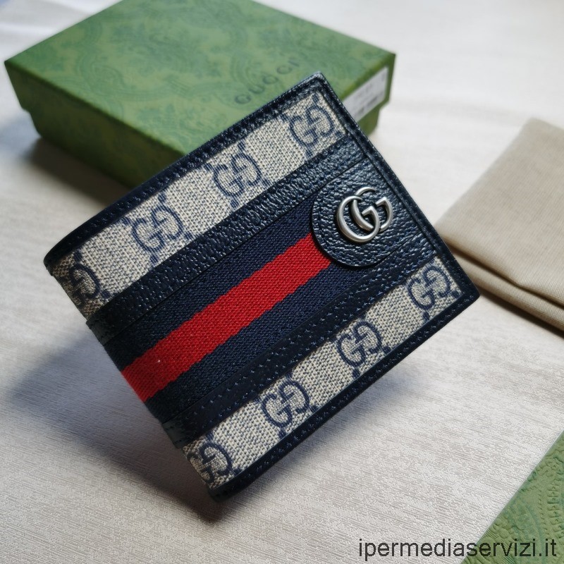 กระเป๋าสตางค์ Gucci Ophidia Gg จำลองในผ้าใบสีเบจและสีน้ำเงิน Gg Supreme 597606 11x9x1cm