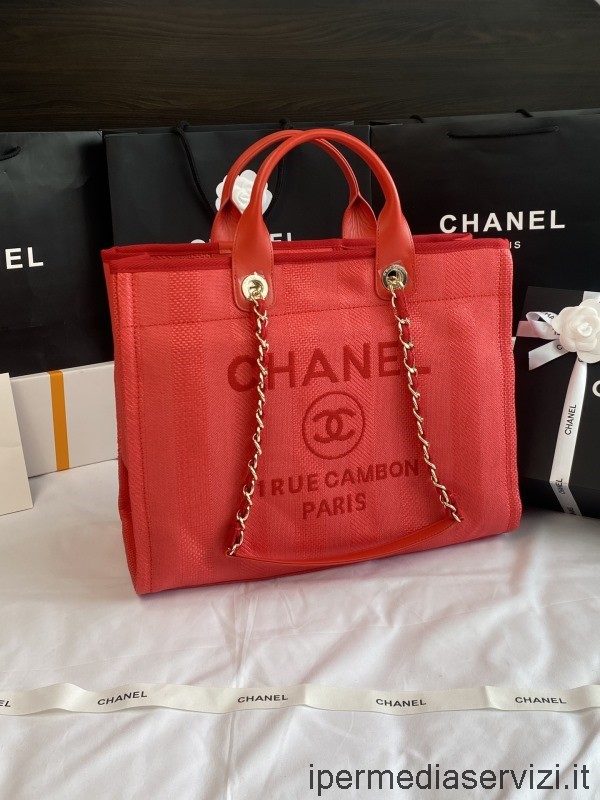 Chanel กระเป๋าสะพายไหล่ช้อปปิ้งโซ่โดวิลล์ขนาดใหญ่สีแดง A66941 38x32x18cm