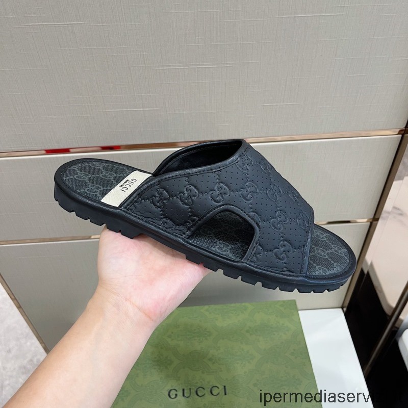 รองเท้าแตะหนังนิ่มจำลอง Gucci สีดำ GG 38 ถึง 45