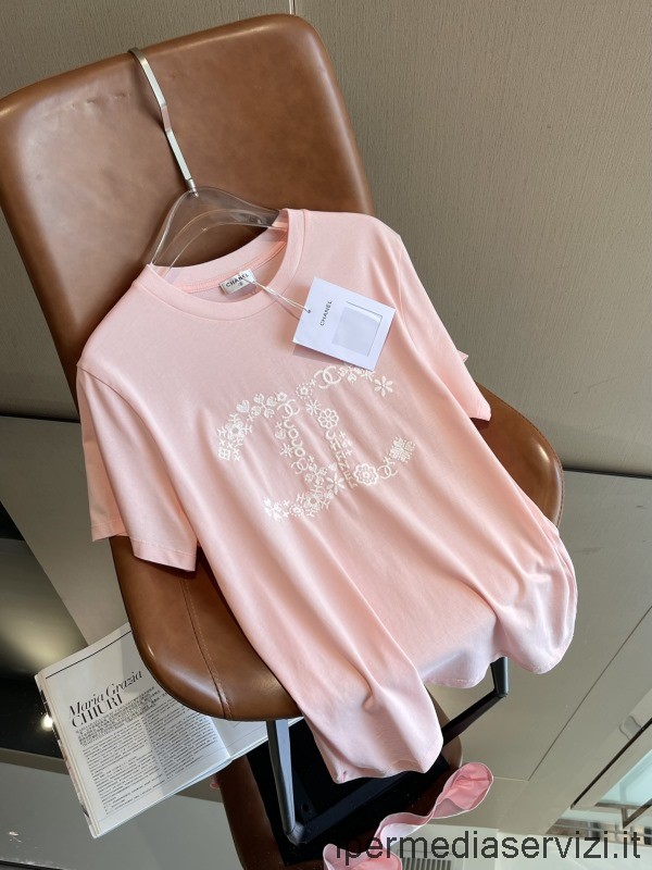 Chanel Cc Logo เย็บปักถักร้อย Pink Cotton Jersey T Shirt Sml