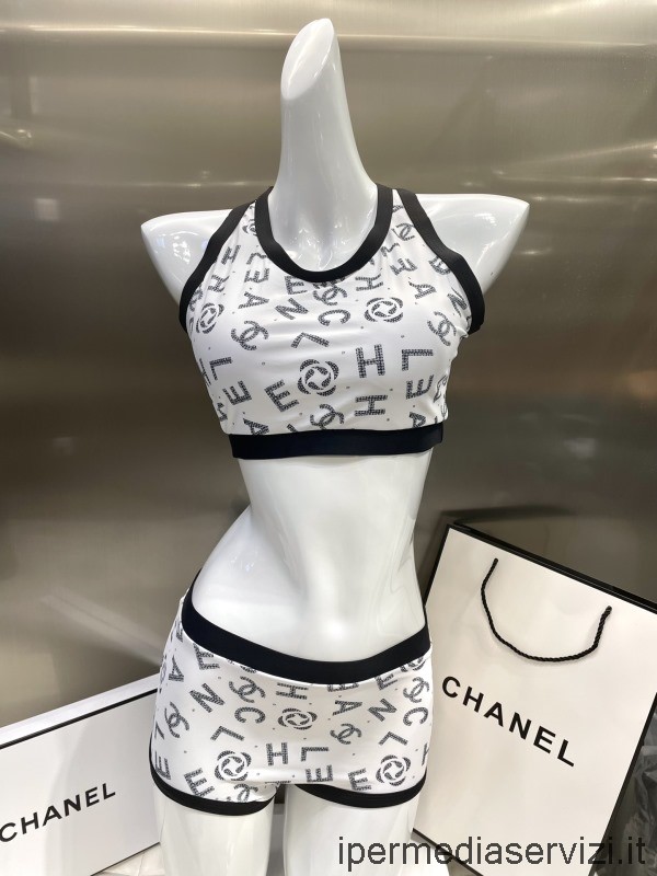 Chanel Monogram Cc Silk Swimsuit บิกินี่สีขาว Sml