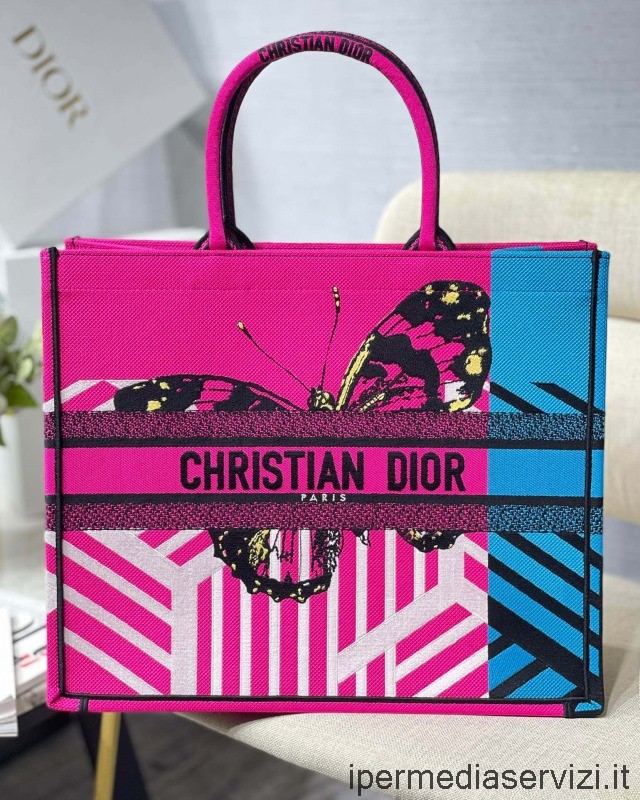 กระเป๋า Dior Book จำลอง ขนาดใหญ่ สีน้ำเงินสดใส และ สีชมพู D จังเกิ้ลป๊อป เย็บปักถักร้อย 41x32x5cm