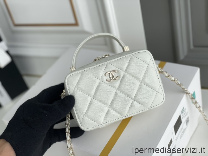 Chanel Vanity Case With Top Handle หนังคาเวียร์ลูกวัวสีขาว Ap2634 14x9x5cm