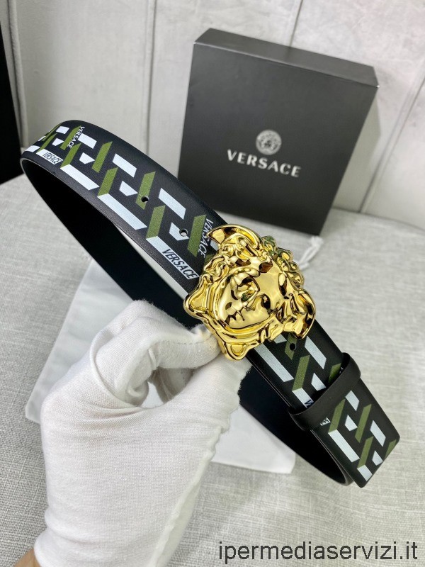 เข็มขัดจำลอง Versace Medusa La Greca พิมพ์ประดับด้วยเข็มขัดสีดำสีเขียว 40 มม