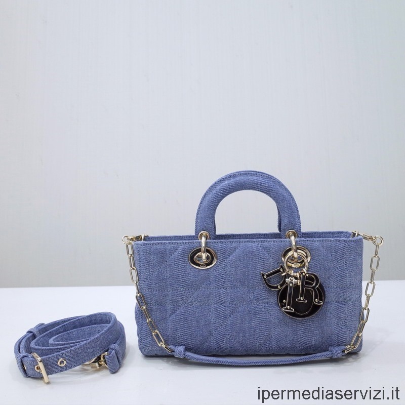 แบบจำลอง Dior Lady D Joy กระเป๋าสะพายไหล่สายโซ่สีน้ำเงิน Cannage Denim 26x13x5cm