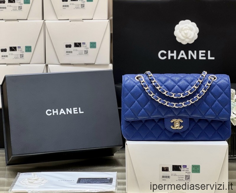 Chanel Vip กระเป๋าสะพายขนาดกลางหนังลูกวัวคาเวียร์สีน้ำเงิน A1112 25cm