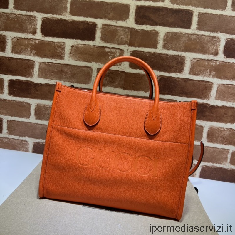 กระเป๋าสะพาย Gucci จำลองขนาดเล็กที่มีโลโก้กุชชี่ในหนังสีส้ม 674822 31x26x15cm