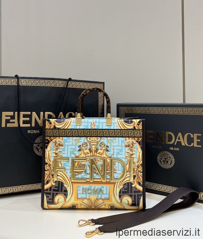 çoğaltma Fendi X Versace Güneş ışığı Fendace Orta Ff Deri Alışveriş çantası 80092 36x13x32cm