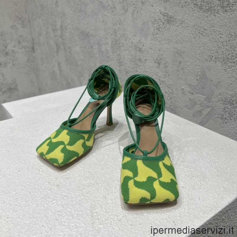 Replika Bottega Veneta Streç Yeşil Sarı El Tığ Işi Dalgalı üçgen Sandalet 90mm 35 Ila 41