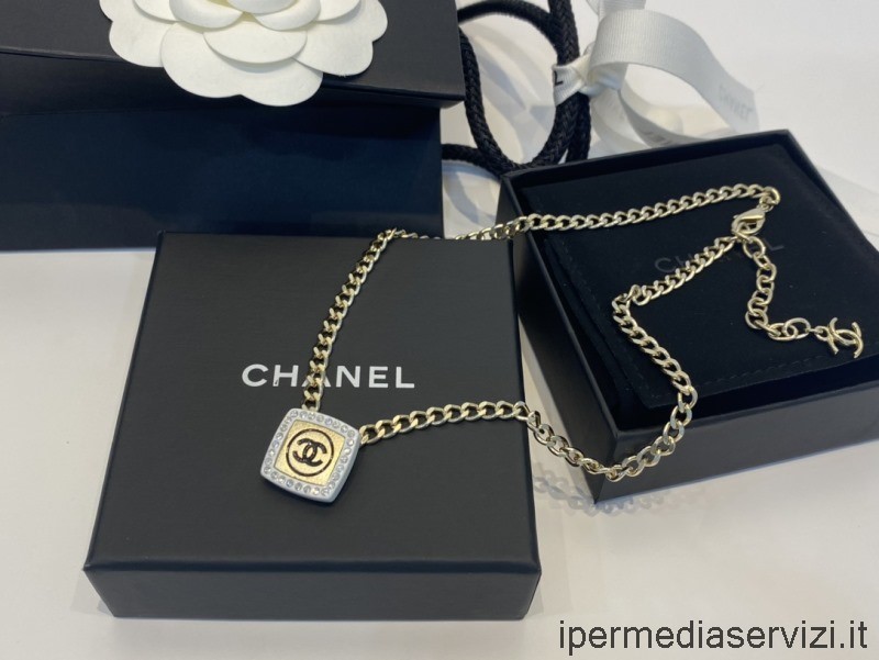 çoğaltma Chanel Altın Beyaz Siyah Kristal Zincir Kolye