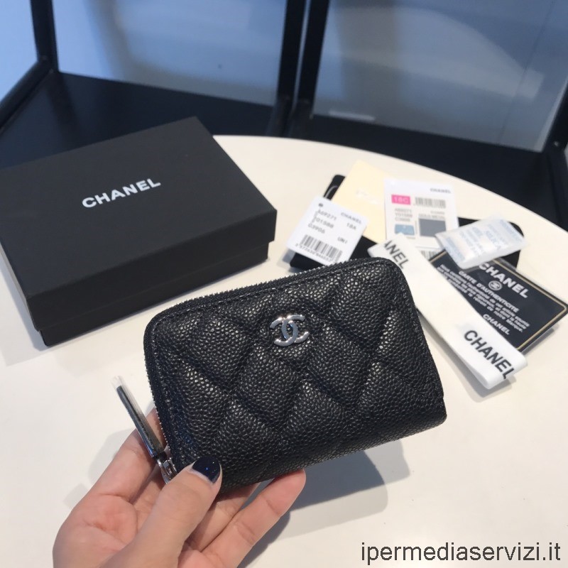 Çoğaltma Chanel Klasik Fermuarlı Bozuk Para Cüzdanı Kartlıklı Cüzdan Siyah Havyar Deri A69271 11x7cm