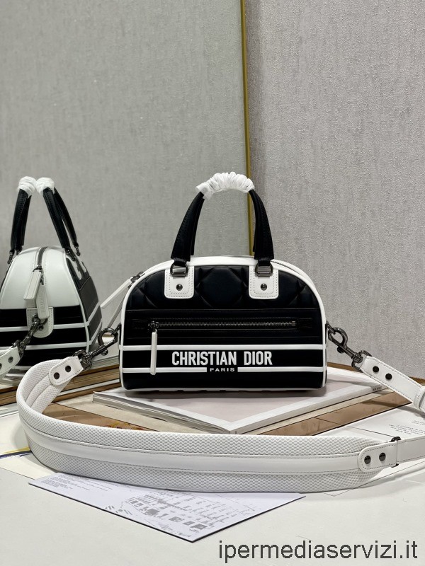 çoğaltma Dior Küçük Dior Vibe Fermuarlı Bowling çantası Siyah Beyaz Pürüzsüz Dana Derisi 25x13x16cm