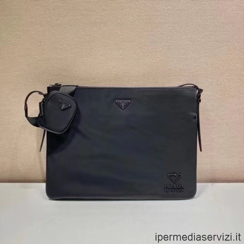 Replika Prada Siyah Yeniden Naylon Postacı çantası 44x34cm