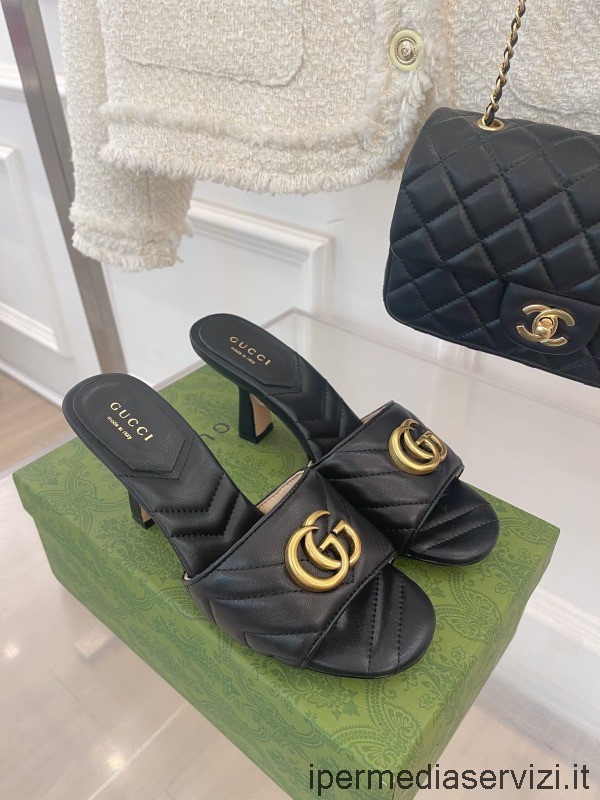 Replika Gucci çift G Siyah Matelasse Deri Topuklu Kayma Sandalet 75mm 35 Ila 40