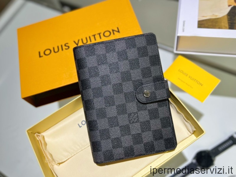 çoğaltma Louis Vuitton Büyük Halka Gündem Kapak Defteri Siyah Damier Tuval R20106 19x14cm