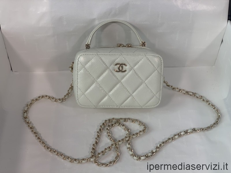 Beyaz Havyar Dana Derisinde üst Saplı Replika Chanel Makyaj çantası Ap2634 14x9x5cm