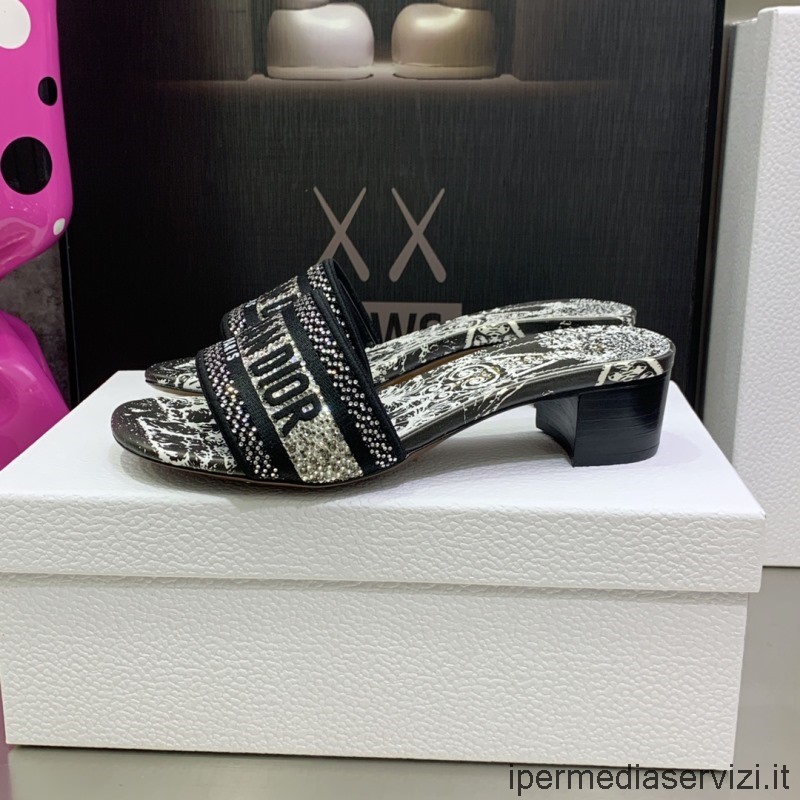 45mm 34-43 Arası Metalik Iplik Ve Strass Ile Işlemeli Siyah Pamuklu Replika Dior Dway Topuklu Sandalet