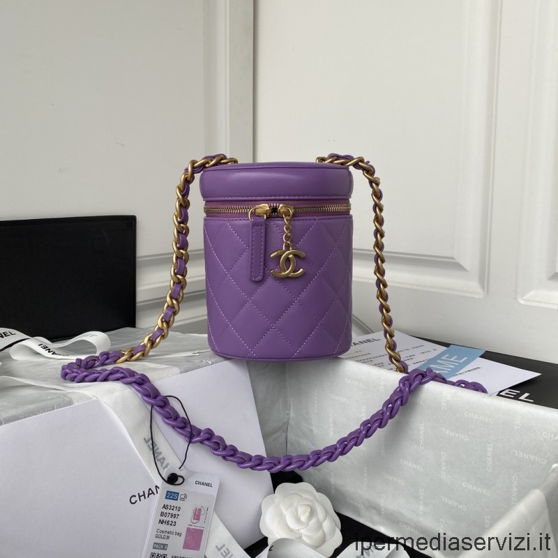 Replika Chanel Mor Kuzu Derisi Küçük Makyaj çantası Zincirli As3210 16x13x11cm