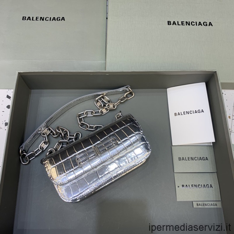 Gümüş Esnek Timsah Kabartmalı Dana Derisi Zincirli Replika Balenciaga Dedikodu Mini Omuz çantası 19x5x10cm