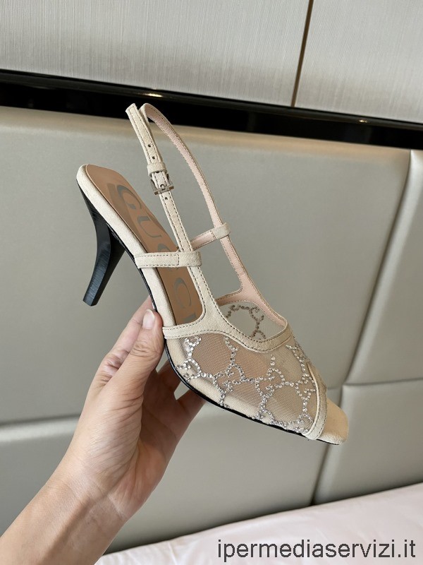 Çoğaltma Gucci Aşk Geçit Töreni Kadın Orta Topuk Sandalet Beyaz Gg örgü Ve Deri 75mm 35 Ila 42