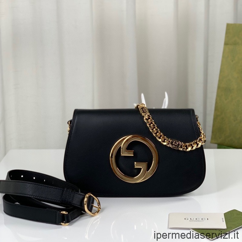 Çoğaltma Gucci Aşk Geçit Töreni Sarışın Zincir Omuz çantası Yuvarlak Birbirine Kenetlenmiş Siyah Deri 699268 28x16x4cm