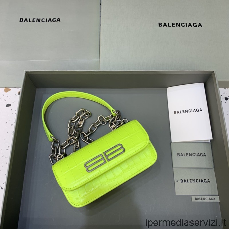 çoğaltma Balenciaga Dedikodu Mini Omuz çantası Açık Yeşil Esnek Timsah Kabartmalı Dana Derisi Zincirli 19x5x10cm