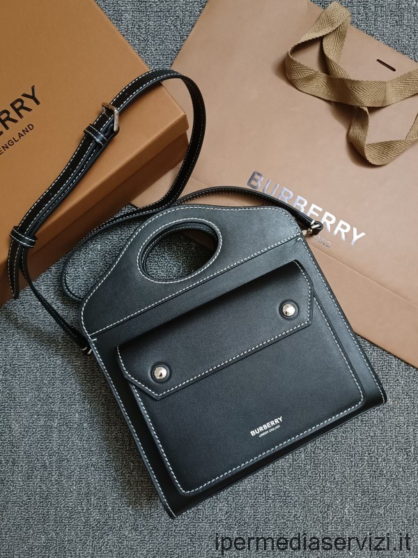 çoğaltma Burberry Mini üst Dikişli Siyah Deri Cep üst Saplı Omuz çantası 23x6x26cm