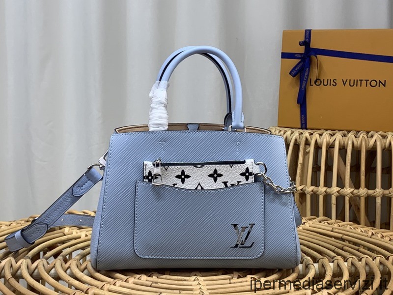 çoğaltma Louis Vuitton Açık Mavi Marelle Tote Bb çanta Ile Epi Taneli Dana Derisi M59952 25x17x11cm