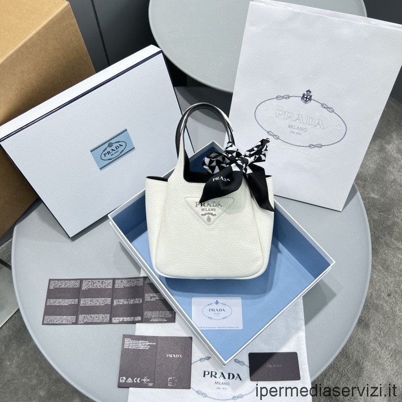 Beyaz Replika Prada Deri Mini Tote çanta 1ba349 19x9x16cm