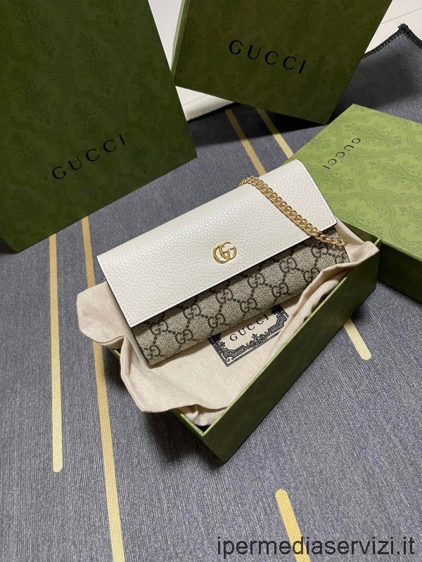 Bej Gg Yüce Kanvas Ve Beyaz Deri çoğaltma Gucci Gg Marmont Zincir Cüzdan 546585 19x10x3cm