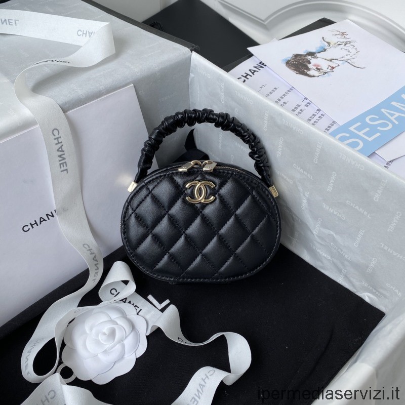 çoğaltma Chanel 2022 üst Saplı Makyaj çantası Siyah Parlak Kuzu Derisi Ap2731 9x13x5cm