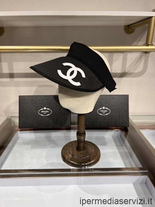 çoğaltma Chanel Cc Logo Rafya Güneşlik Kap şapka Siyah